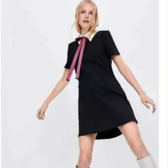 Zara Black White Embroidered Collar Mini Dress Sz M - Picture 1 of 14